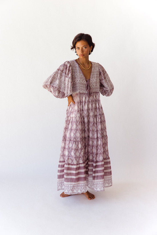 Jasmine Maxi Dress Lavender — full length studio front view, V-neckline with double tie yoke, tiered flowing skirt, hand block print lavender cotton maxi, artisan Jaipur India boho dress | Daughters of India