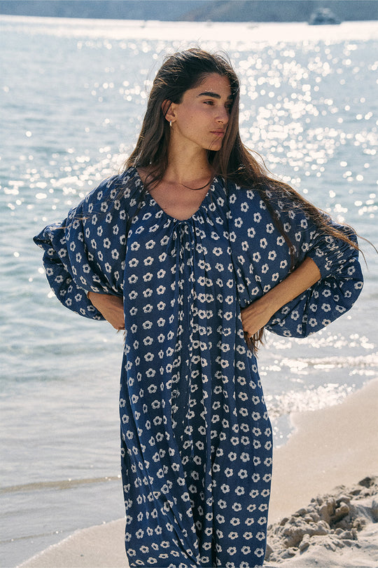 Zahra Midi Dress in Indigo — hand block print linen midi dress | Daughters of India