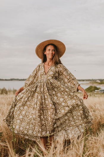 Kyra Midi Dress ~ Olive | Hand Block Printed Cotton Dress DOI Kyra Midi Dress ~ Olive | Hand Block Printed Cotton Dress DOI