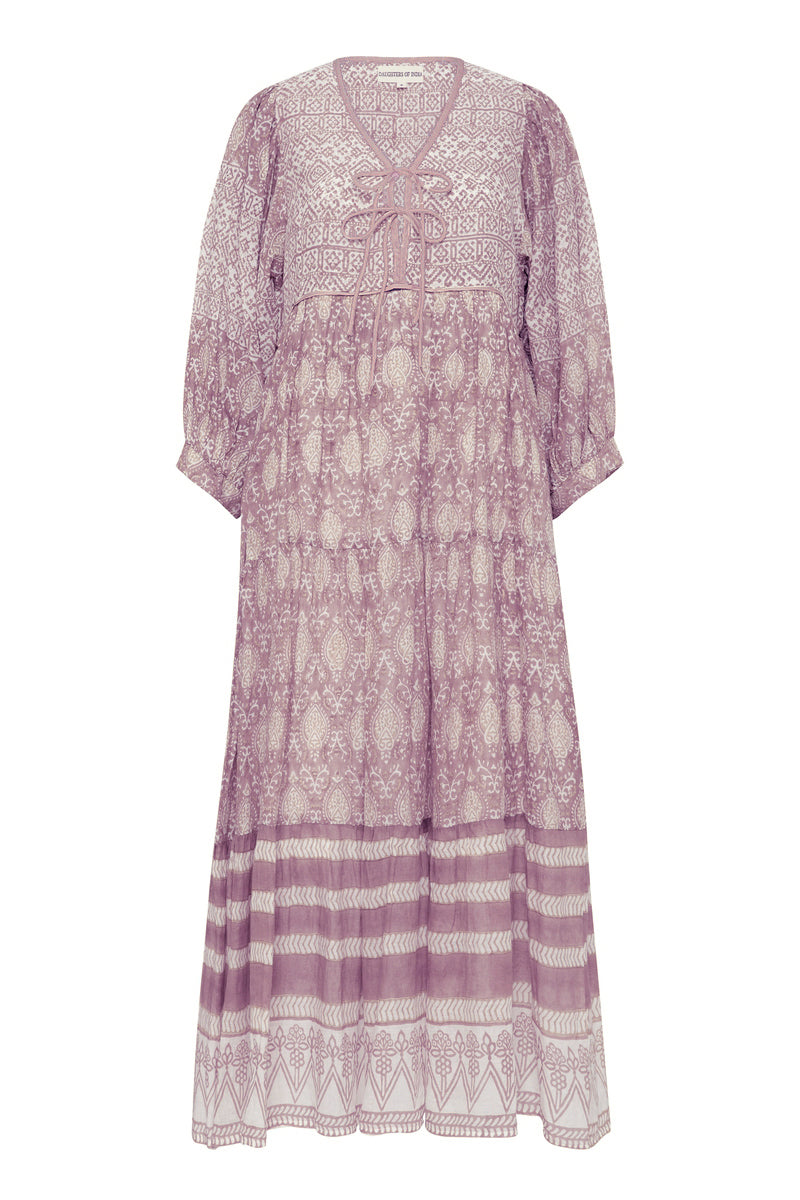 Jasmine Maxi Dress Lavender — ghost flat lay on white, full silhouette with V-neckline tie yoke, tiered skirt with stripe hem border, hand block print lavender cotton maxi, Jaipur artisan crafted | Daughters of India