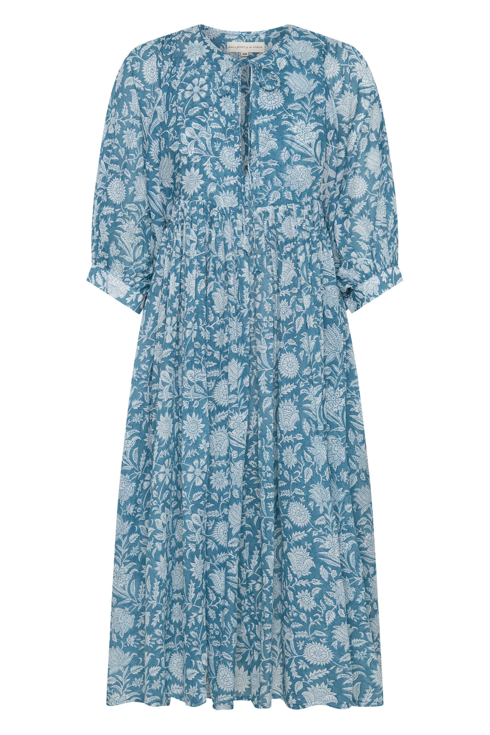 Daughters of India Kyra Midi Dress in Ocean Blue — flat lay showing neckline tie, billowed sleeves, hand screen print